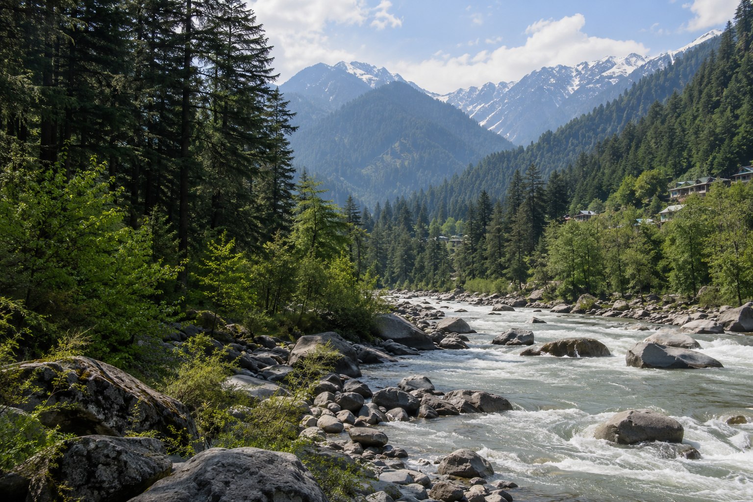 A mountain river winding through pine forests beneath distant snowy ridges