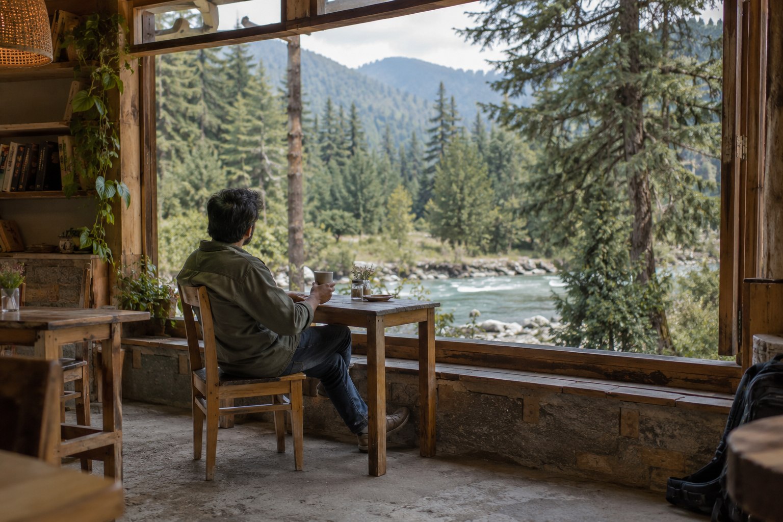 A quiet pause overlooking a wooded riverside