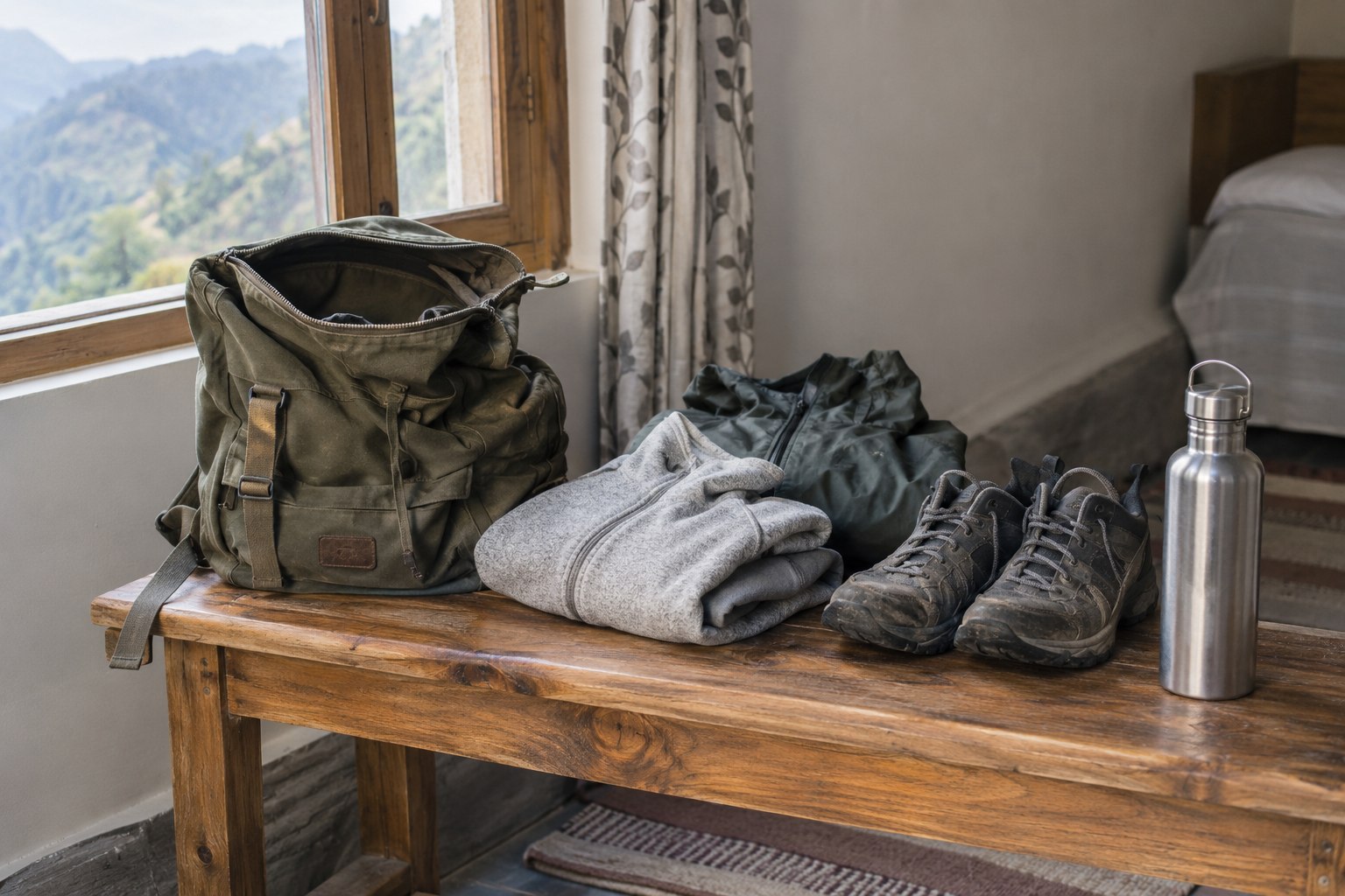 A daypack, folded layers, walking shoes and a reusable bottle