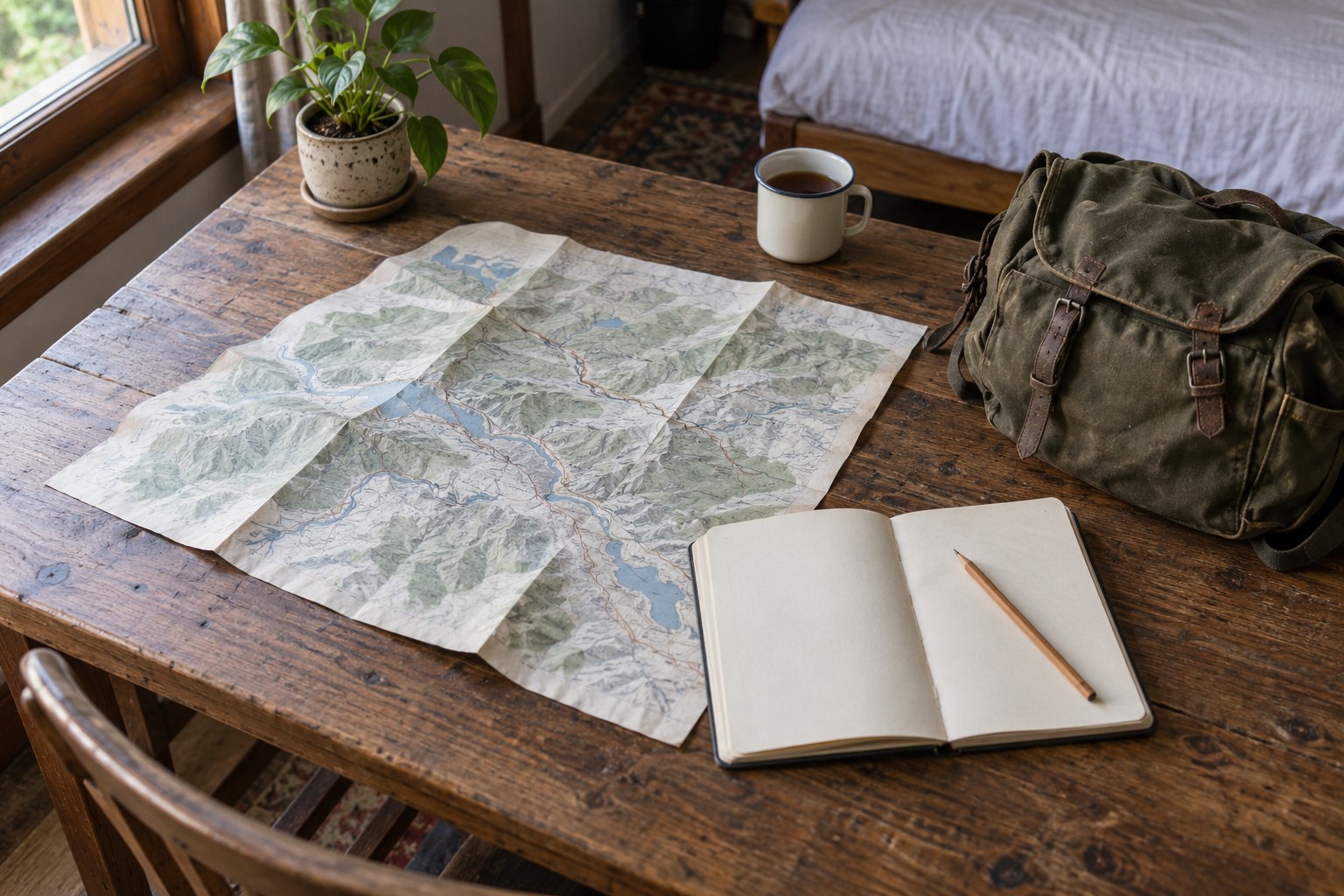 Travel items and a paper map arranged for route planning