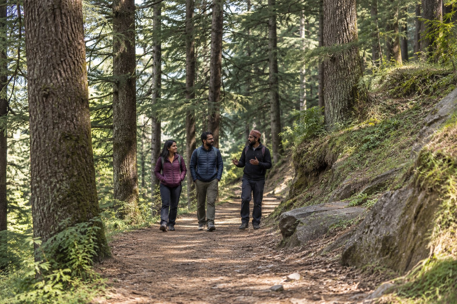 A guide and two travellers exploring a forest path