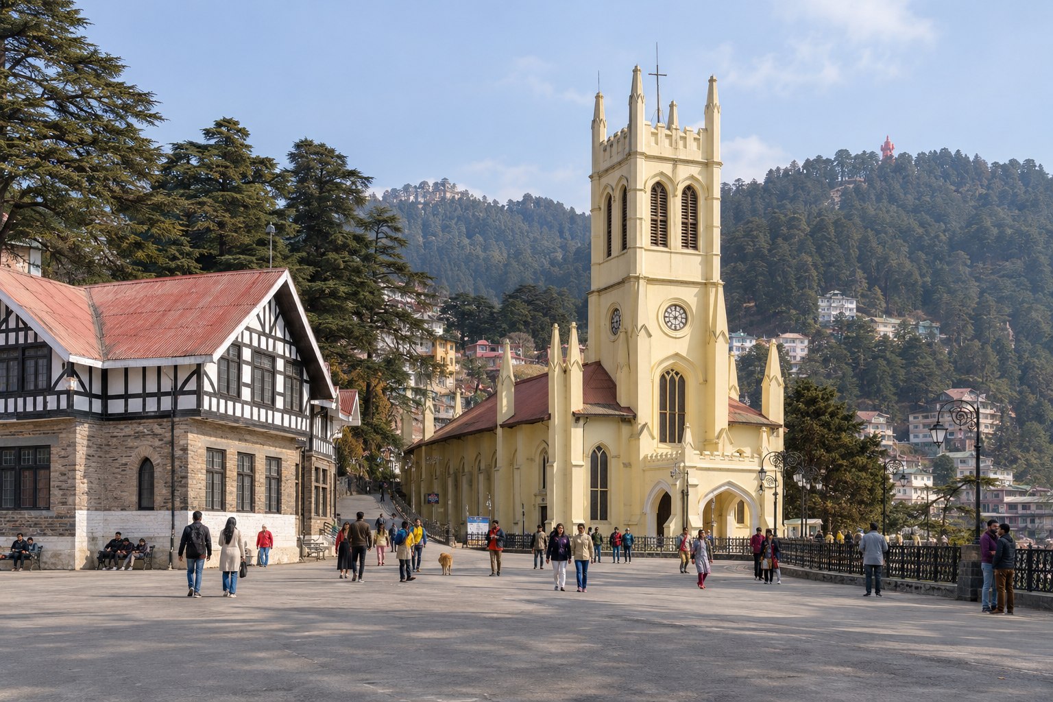 Christ Church and pedestrians on the Ridge in Shimla