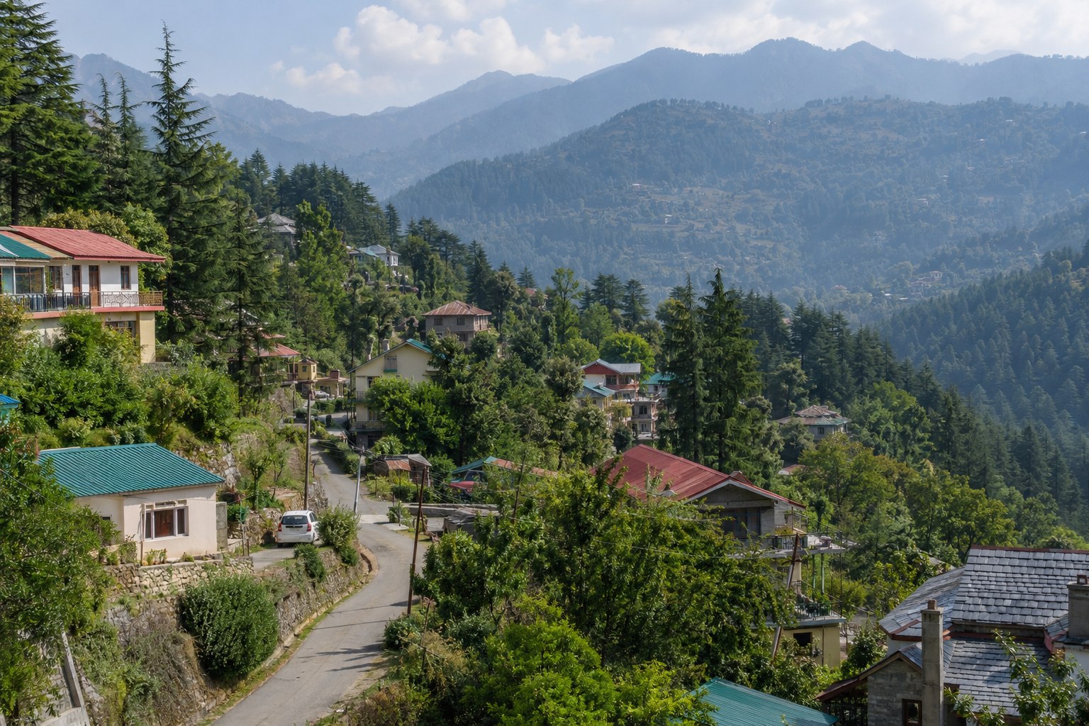 A green Himachal hill town surrounded by wooded slopes