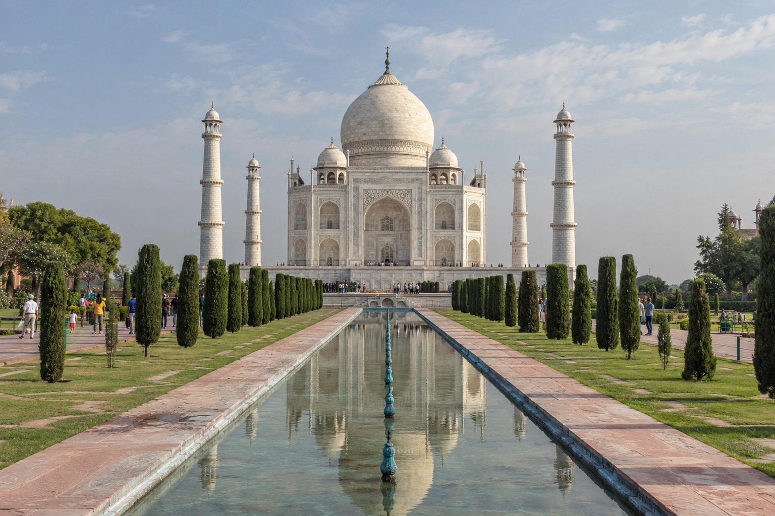 The Taj Mahal and its garden reflecting pool in Agra