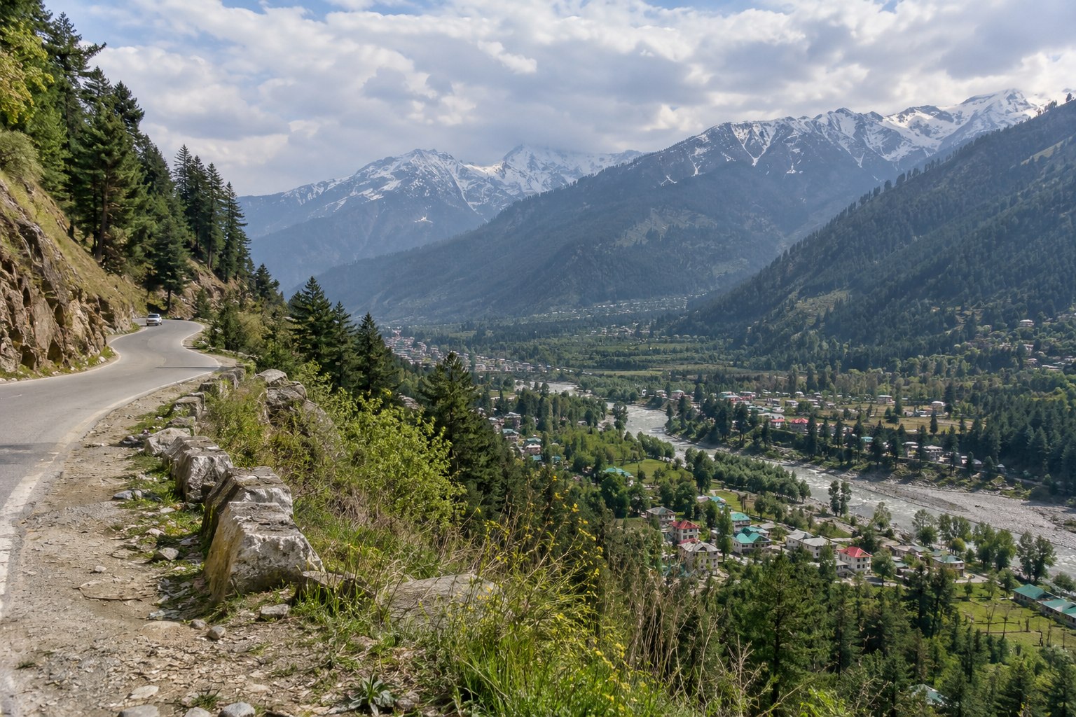 A road following the Manali valley past small settlements