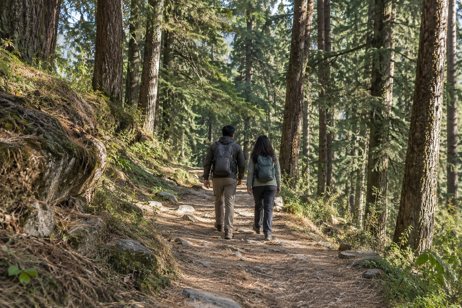 Two adult travellers walking along a wooded Manali trail