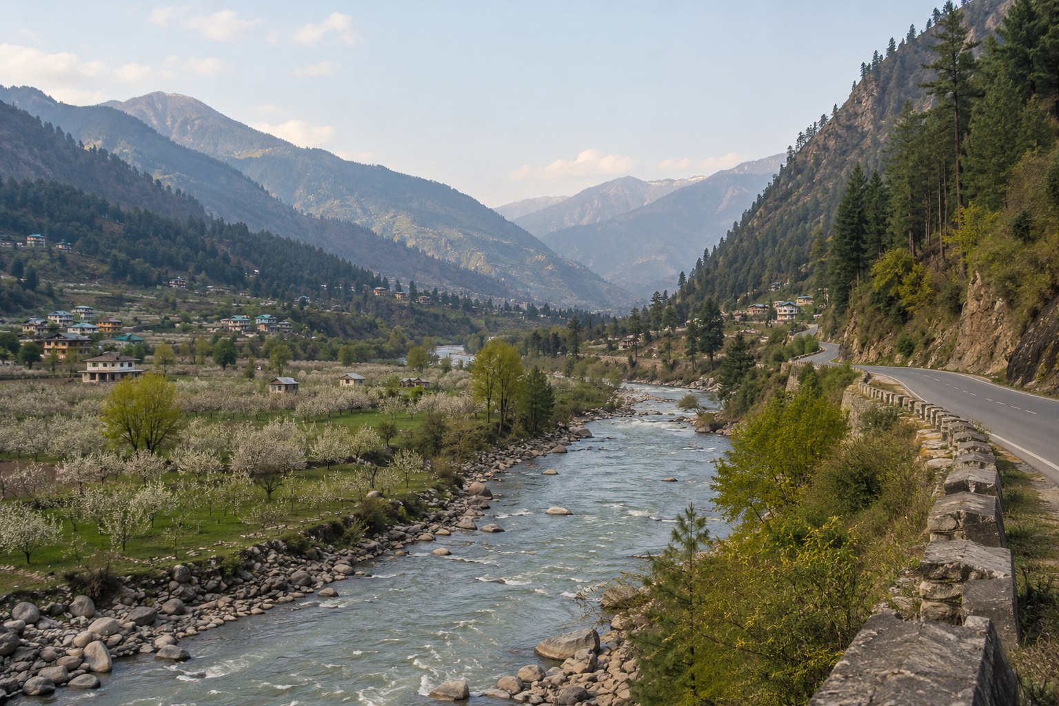 A road and river winding through the Kullu valley