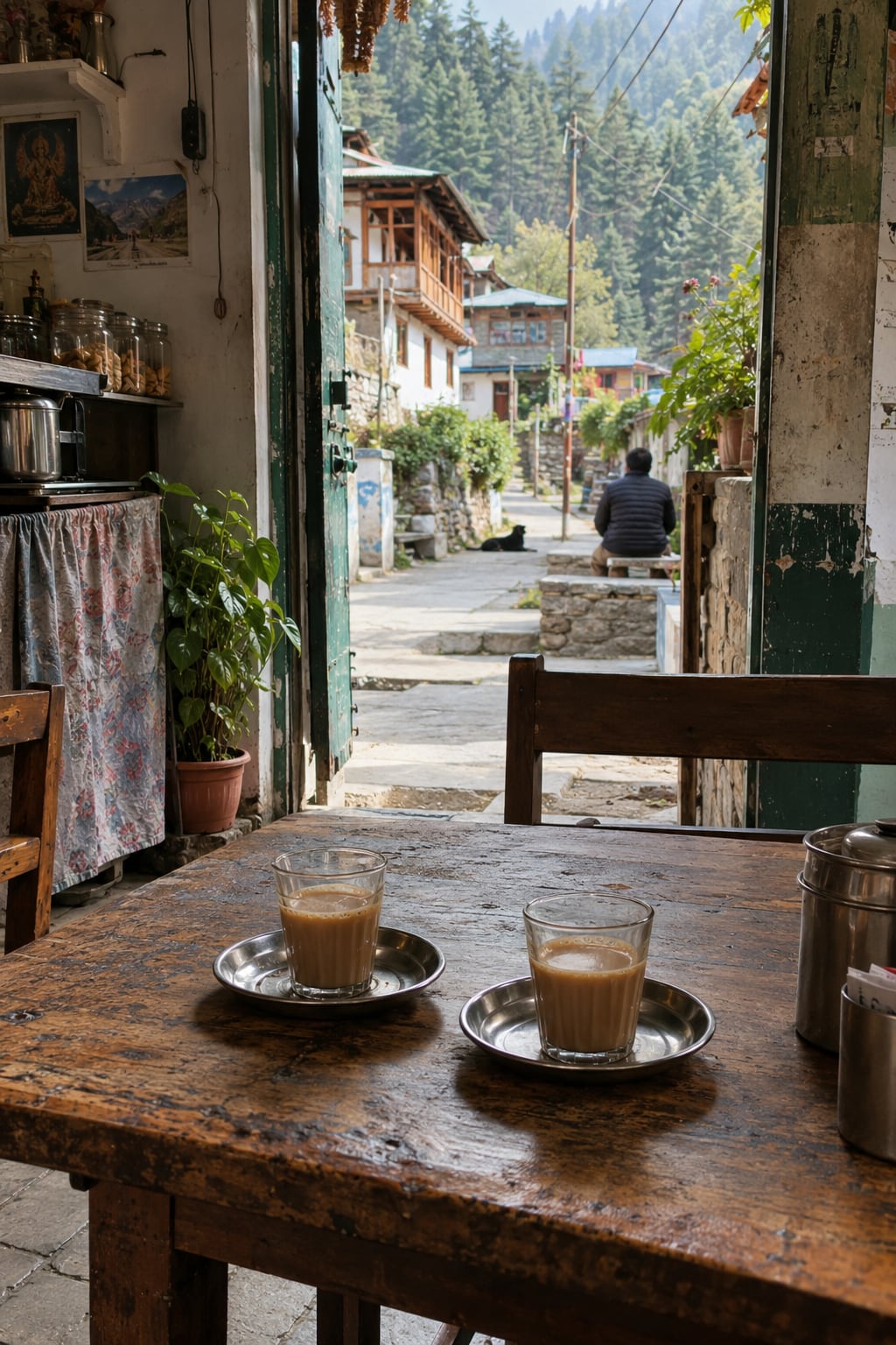 A small village cafe table with chai and a view towards a wooded Parvati Valley lane