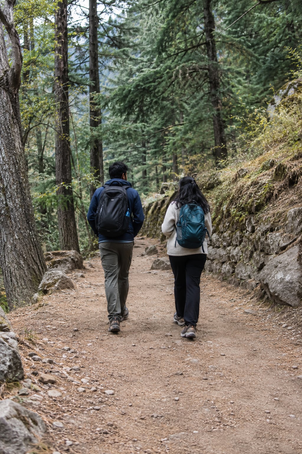Two travellers walking along a wooded valley path with room to turn back
