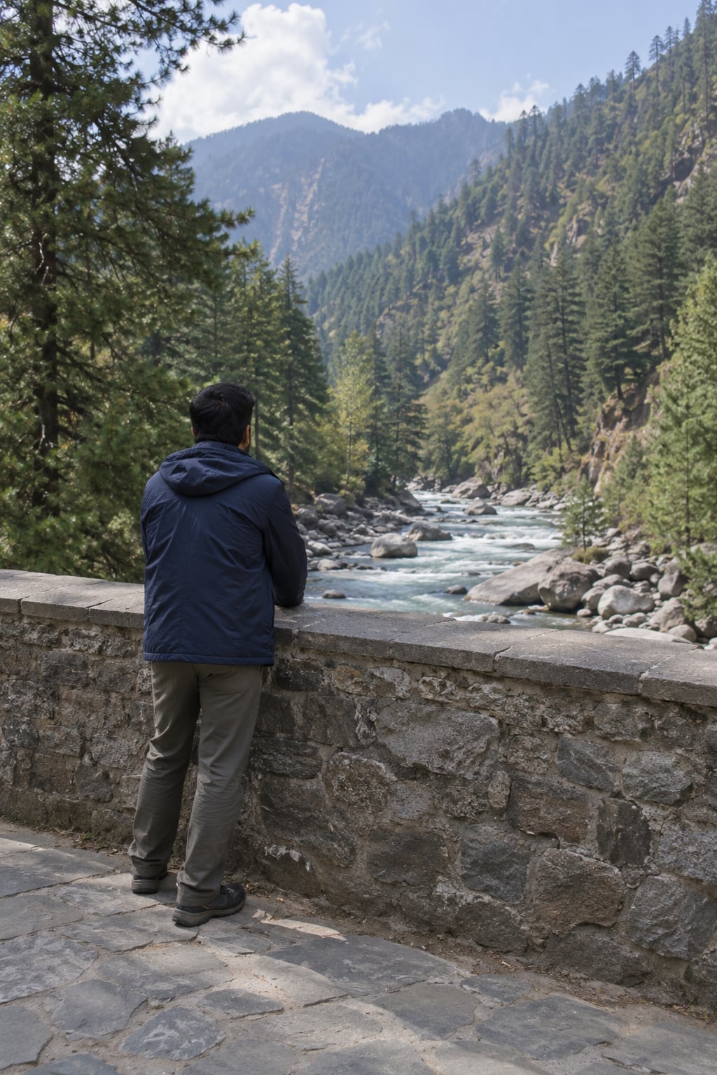 A traveller viewing the river from behind a substantial stone parapet