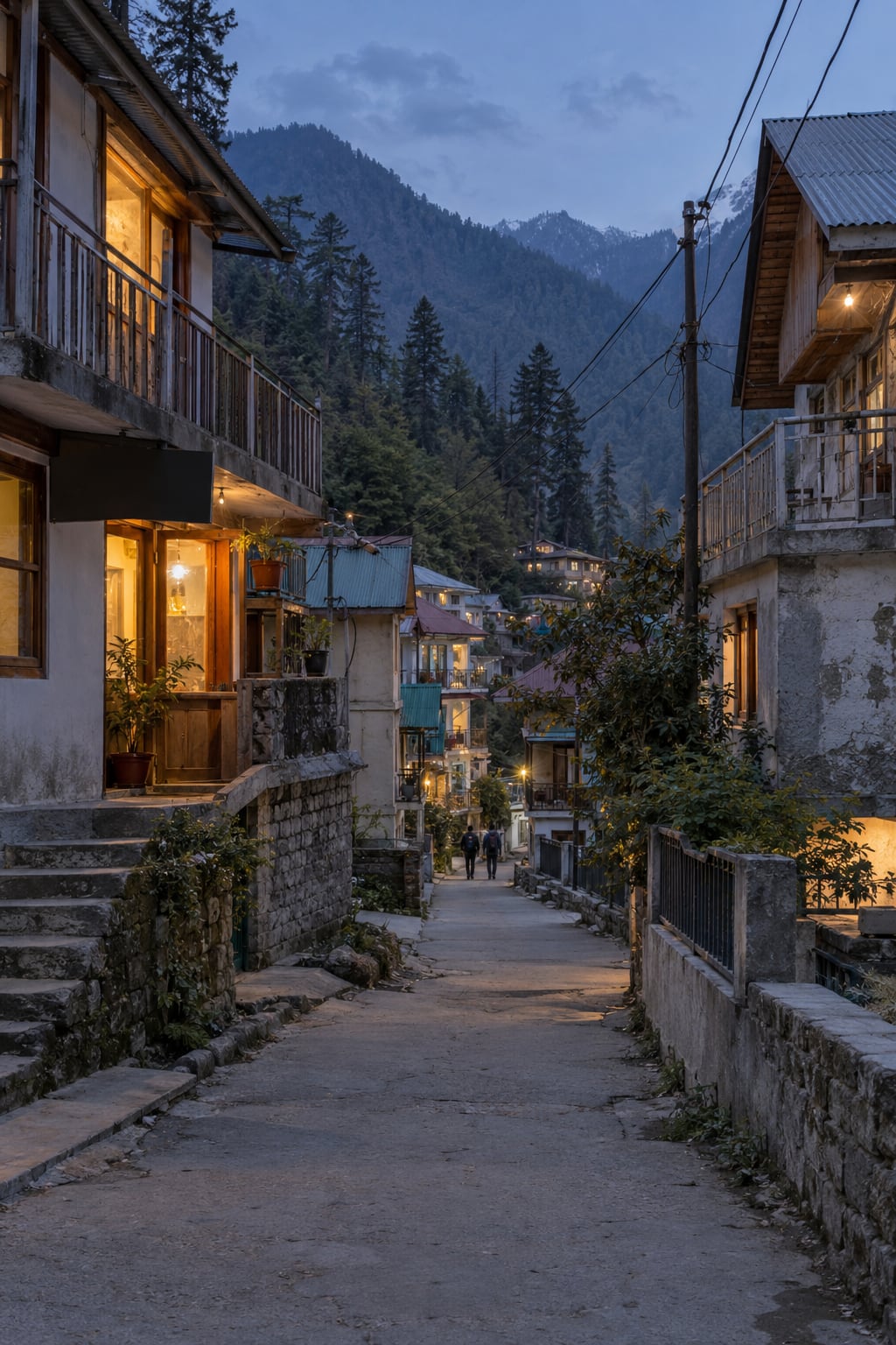 Warm windows and a quiet lane beneath wooded slopes in a Himalayan village at dusk