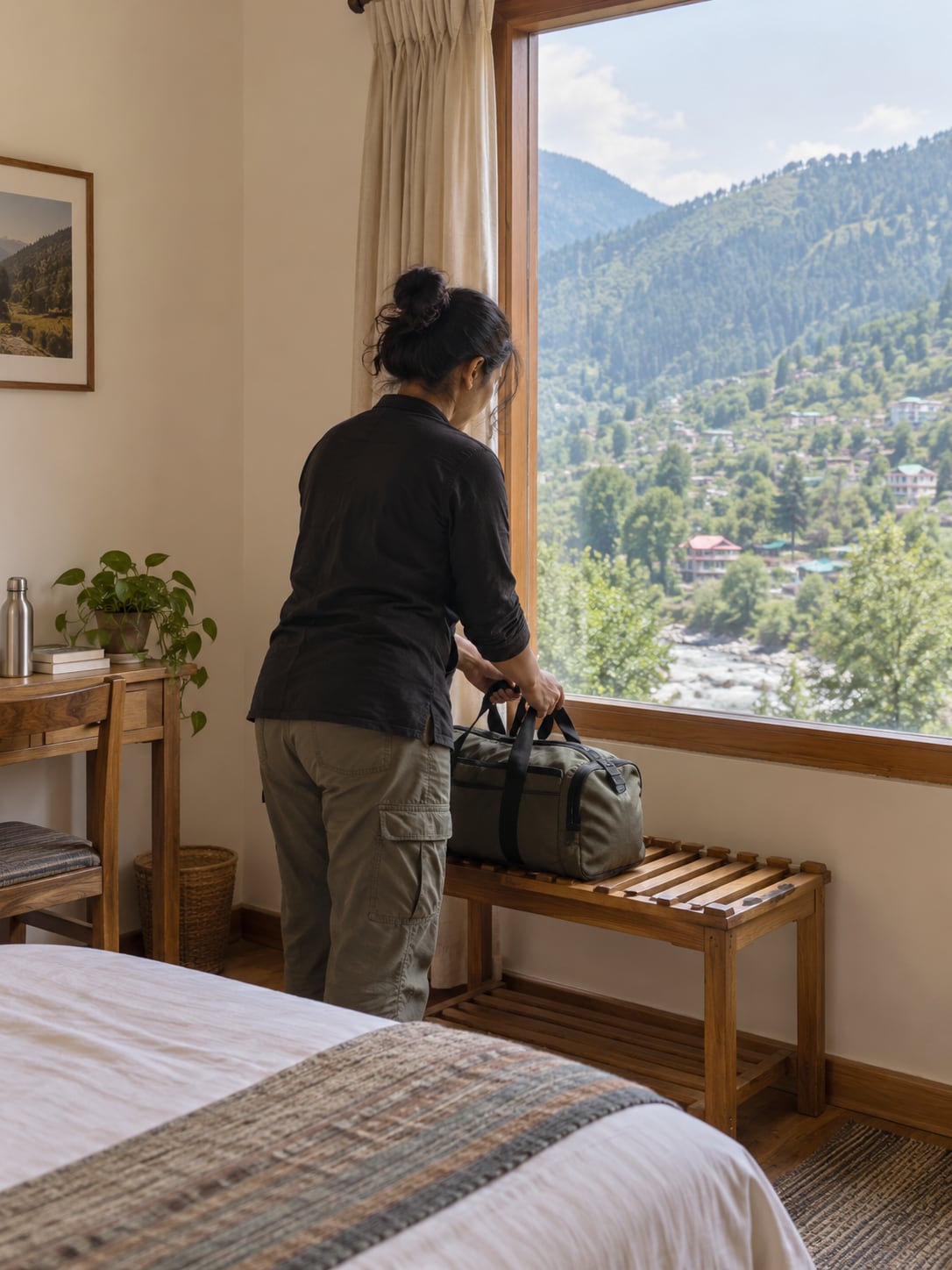 Illustration of a traveller setting down a bag in a modest mountain room overlooking wooded slopes.