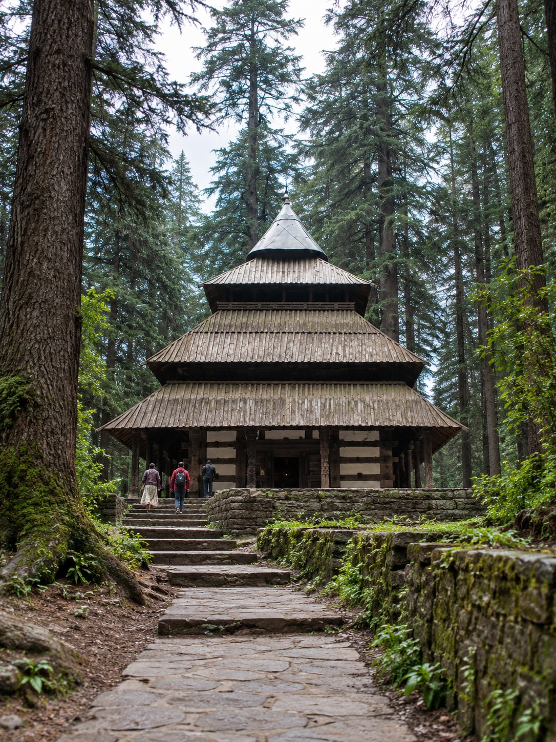 Illustration of Hadimba Temple's tiered wooden roofs among tall deodar trees in Manali.