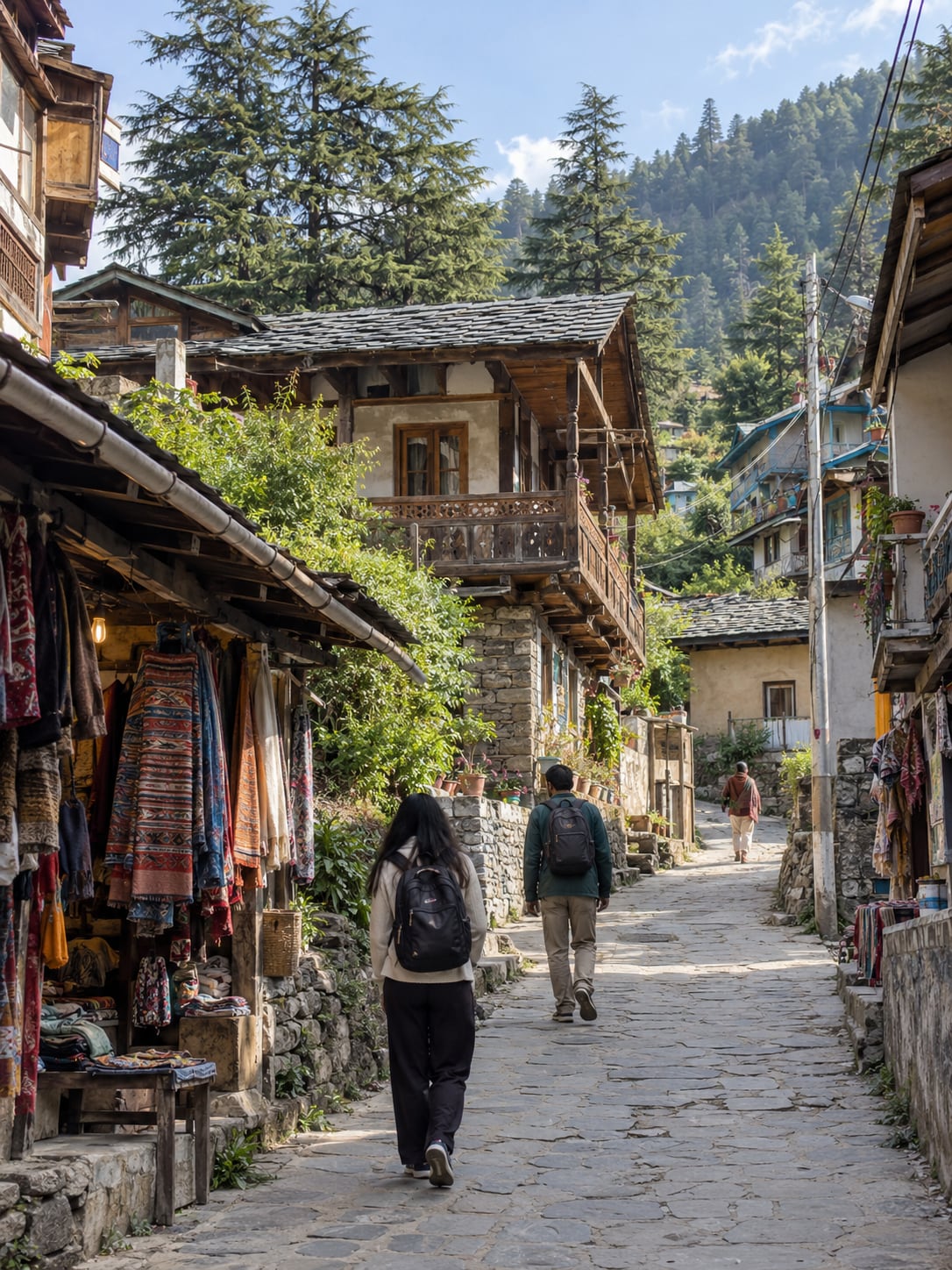 Illustration of a narrow Old Manali lane with timber balconies, small shops and pedestrians.