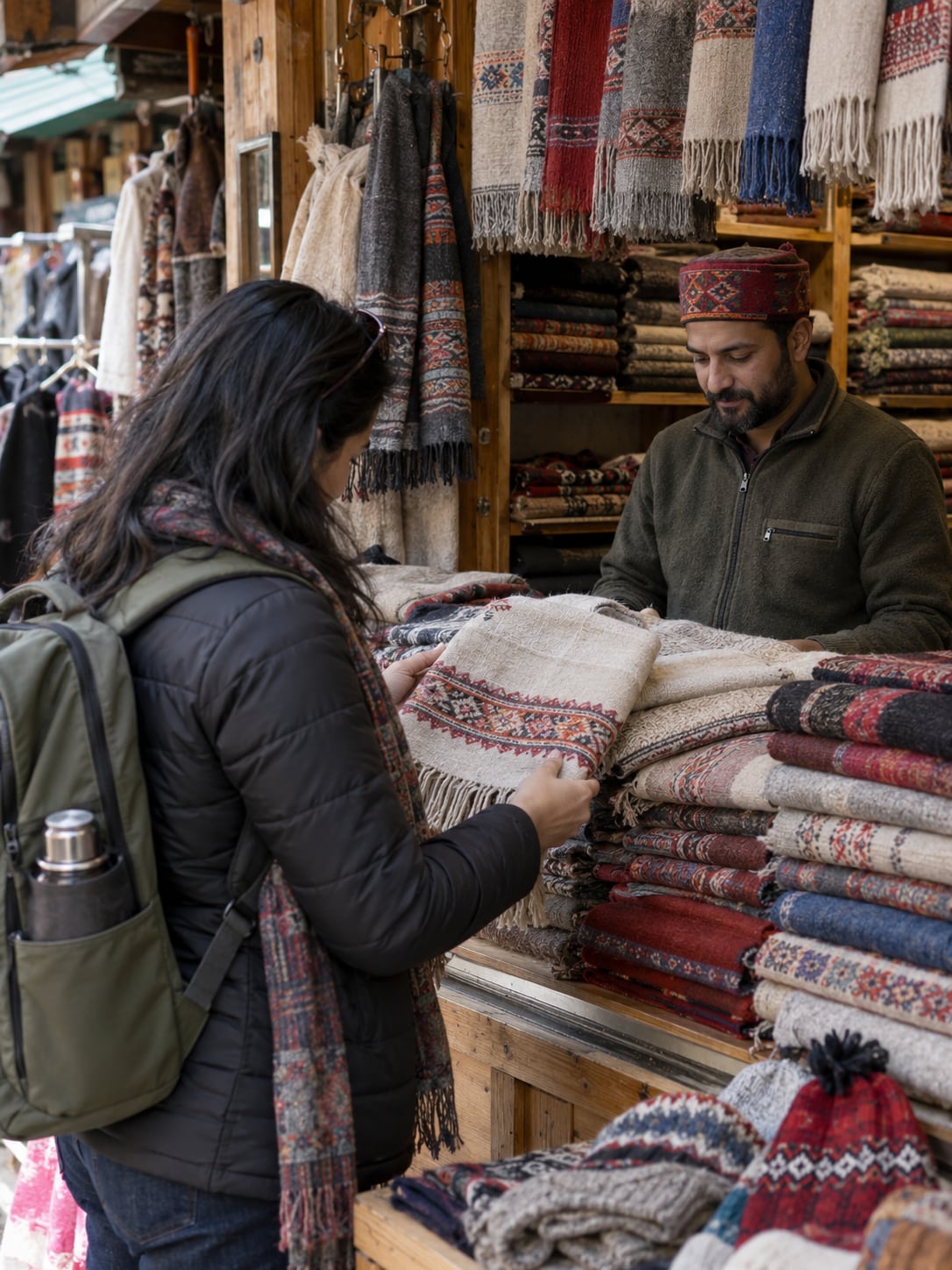 Illustration of a small Himachal market stall displaying woollen shawls and knitted caps.