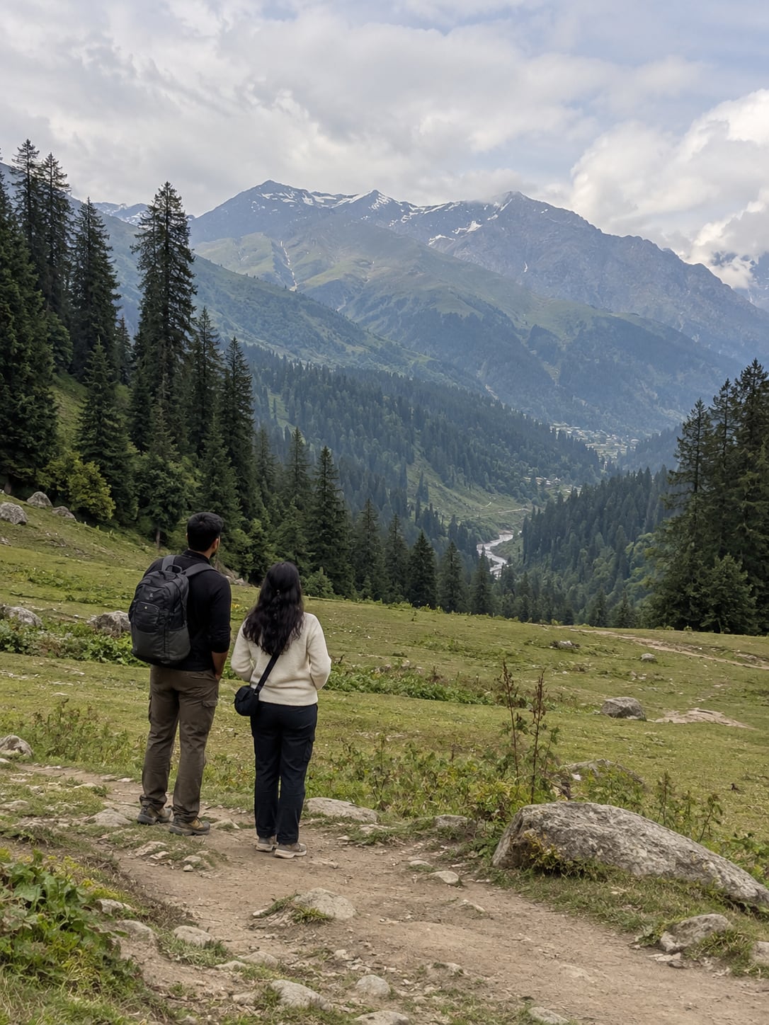Illustration of travellers pausing beside a meadow with wooded slopes near Manali.