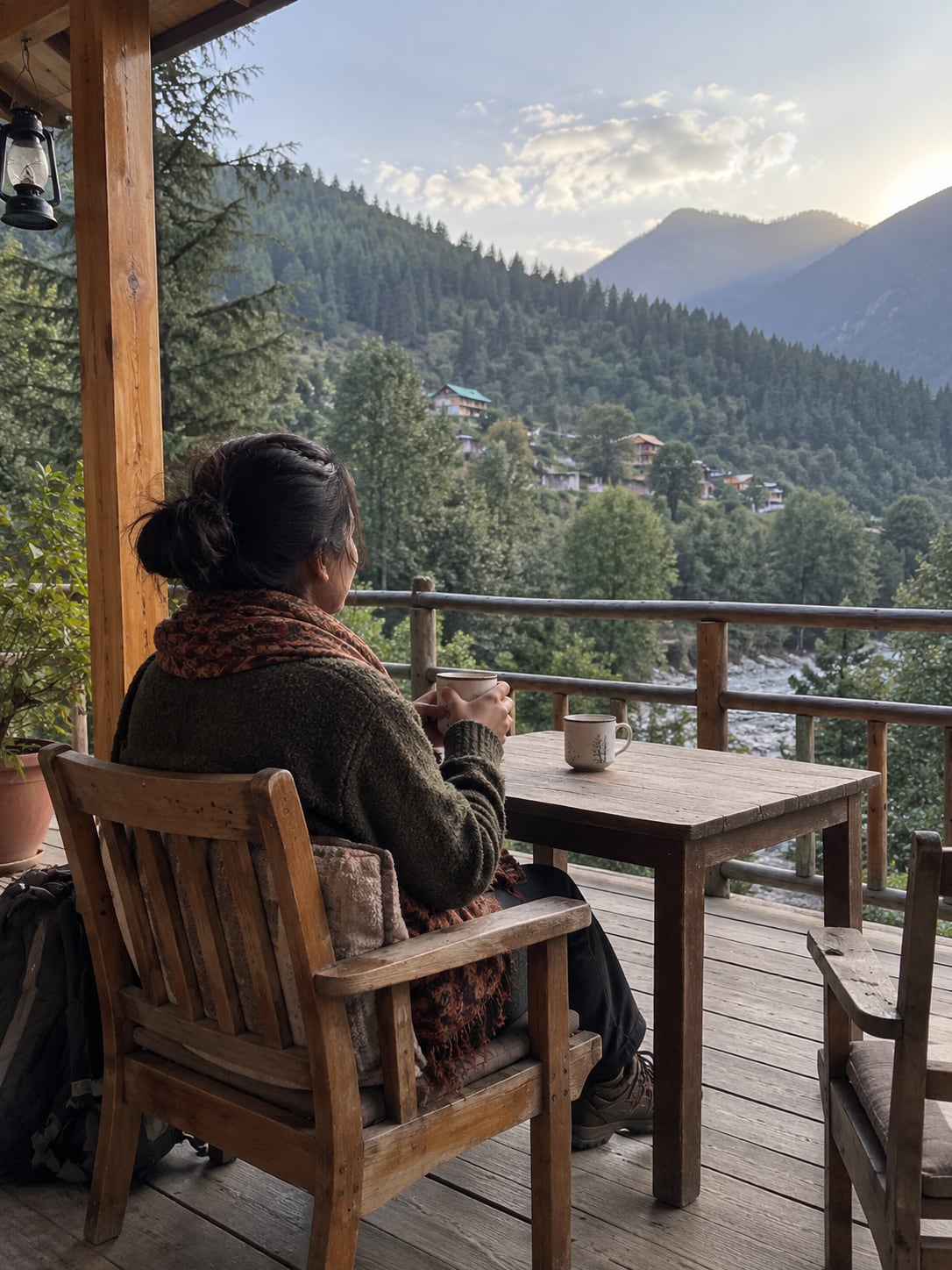 Illustration of an unhurried tea break on a simple terrace overlooking wooded hills.