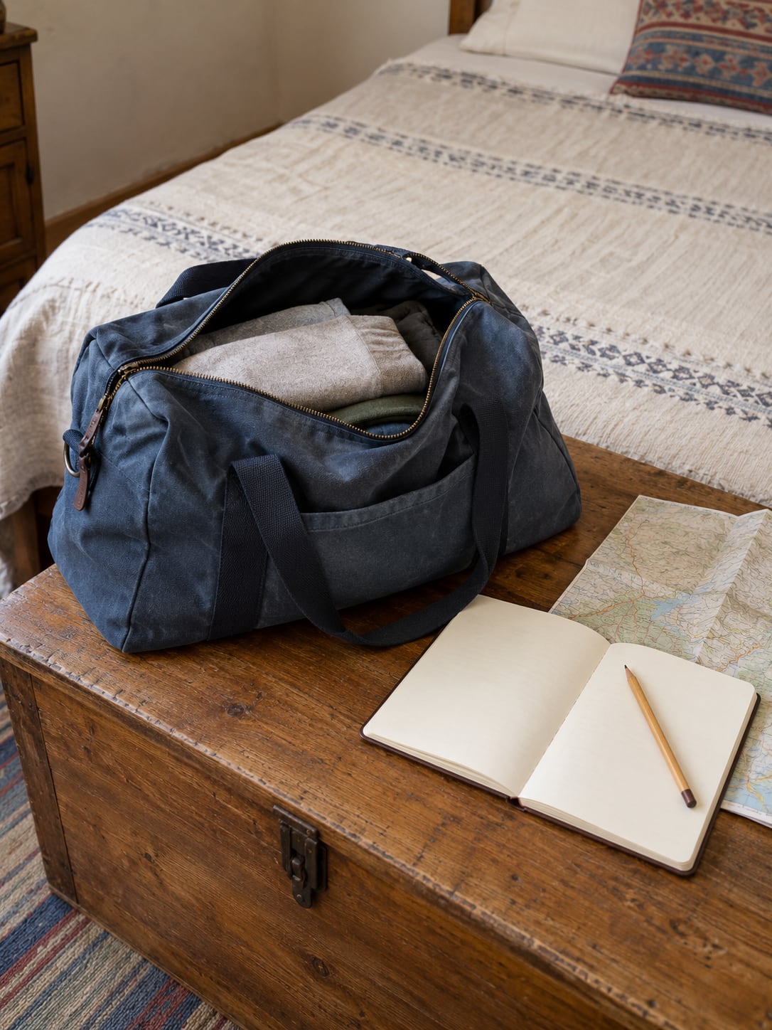 An open compact travel bag beside a blank notebook and folded planning papers.