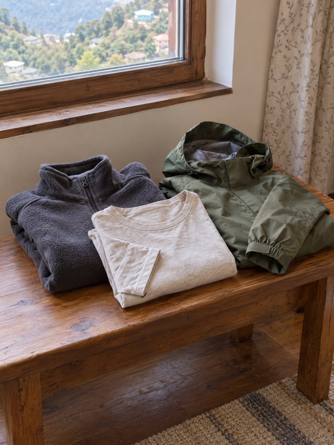 A folded fleece, light cotton layer and olive rain jacket on a wooden bench beside a window.