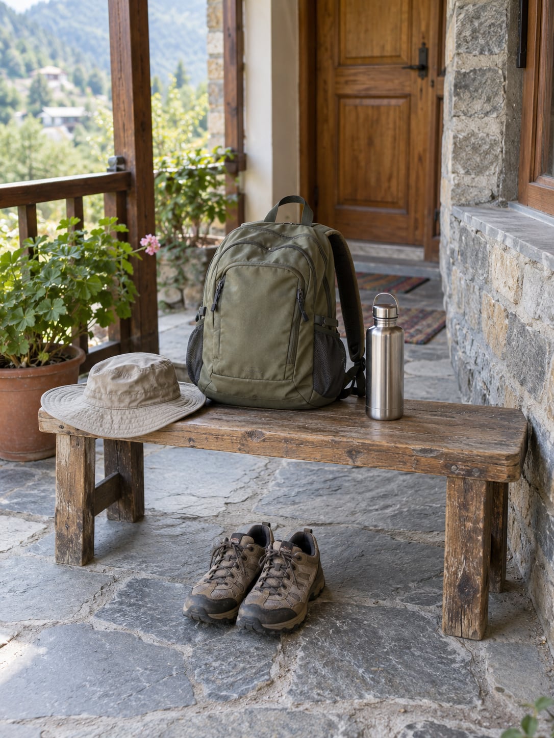A small daypack with a water bottle, walking shoes and a sun hat ready for an outing.