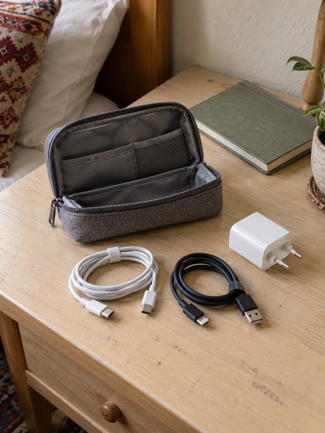 Charging cables and a plain power adapter organised beside a small fabric pouch.