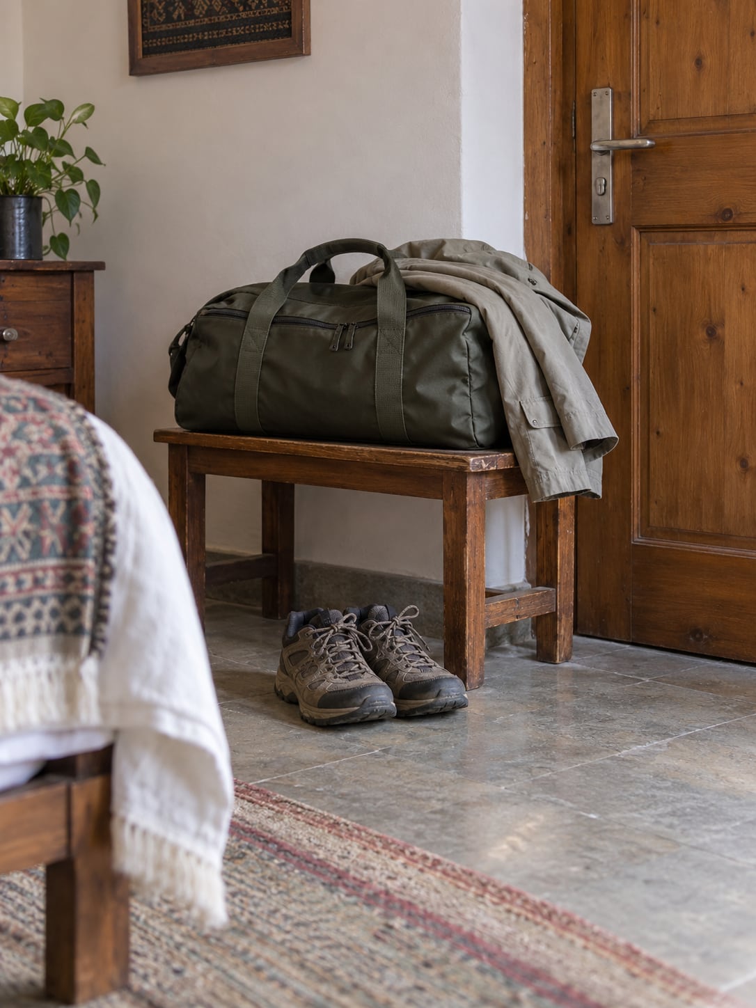 A packed compact travel bag and a pair of walking shoes by a guest-room door.