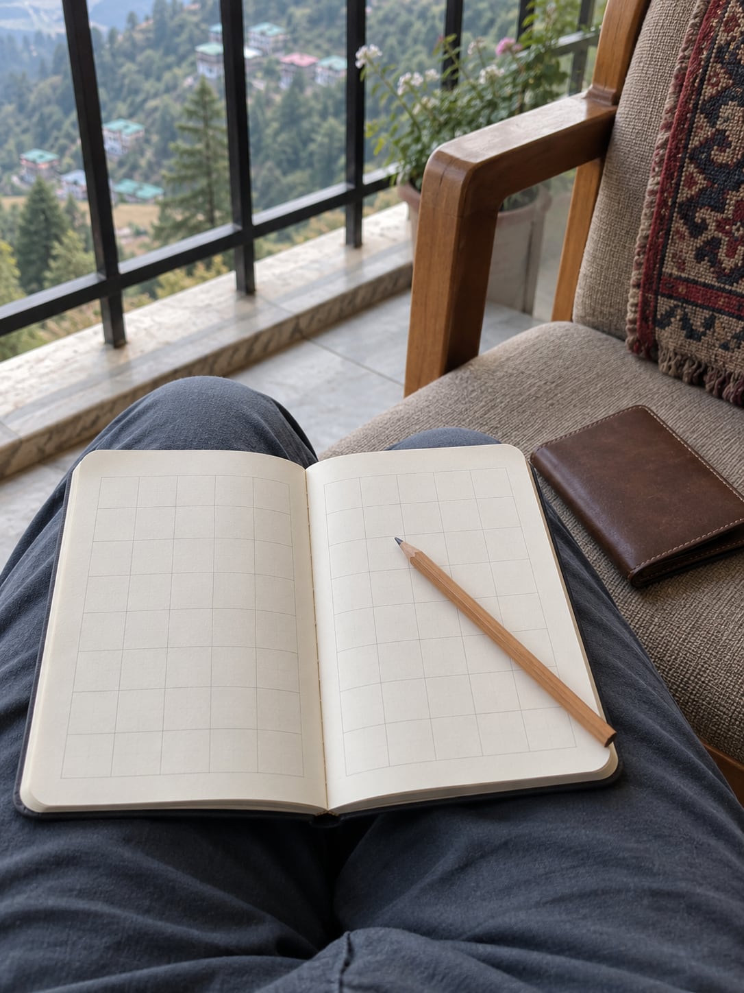 An open calendar notebook and pencil on a lap while planning a journey.