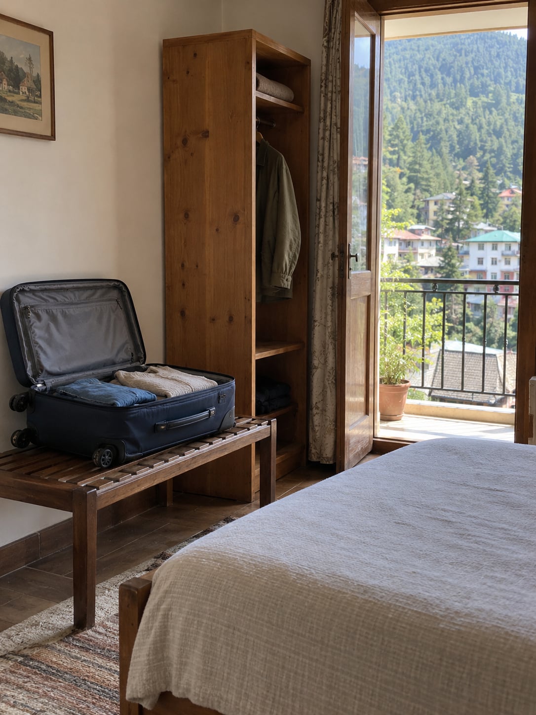 A modest mountain guest room with unpacked luggage and a view of wooded hills.