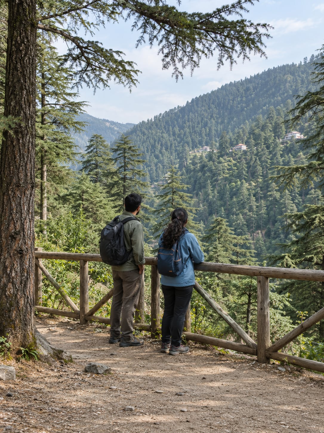 Two adult travellers pause at a wooded viewpoint overlooking the hills.