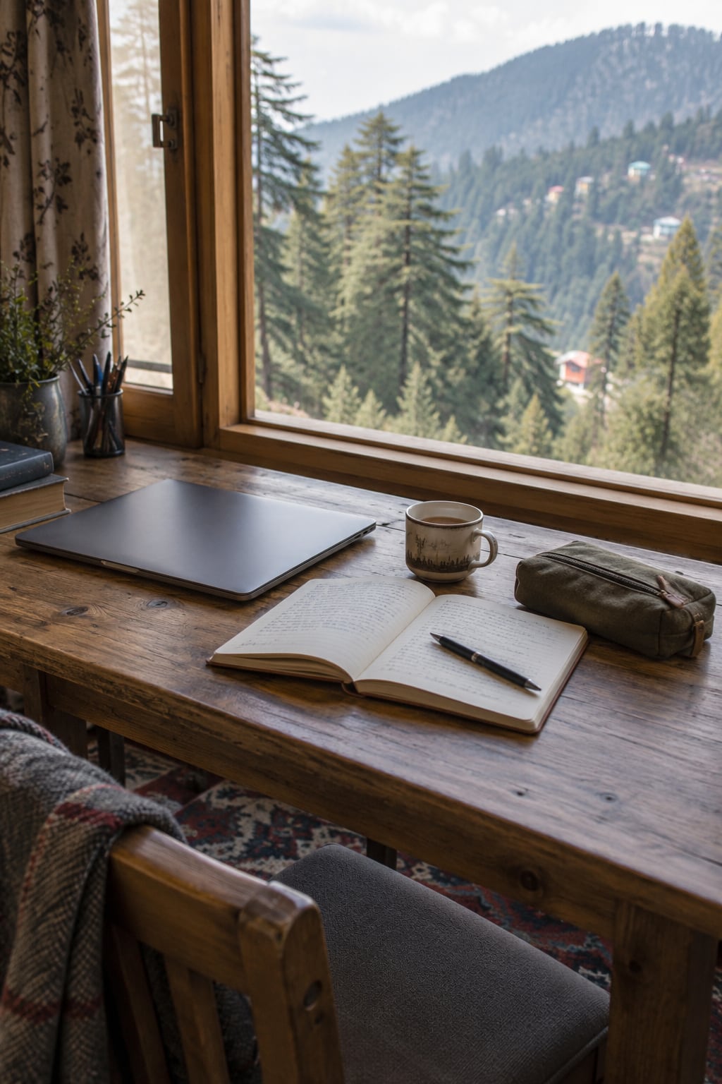 A notebook, closed laptop and tea on a wooden table beside a wooded mountain view