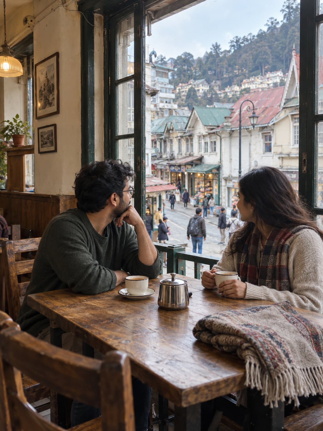 Illustration of a café pause beside a window overlooking a Shimla street.