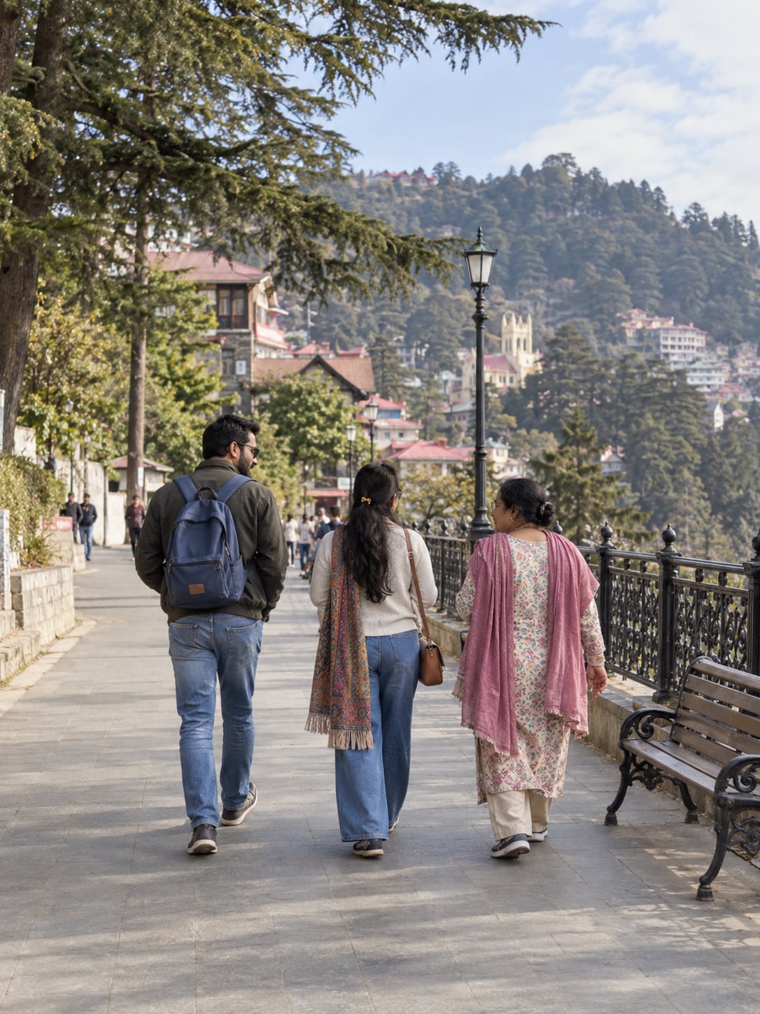 Illustration of a family walking at a comfortable pace along a broad Shimla town path.